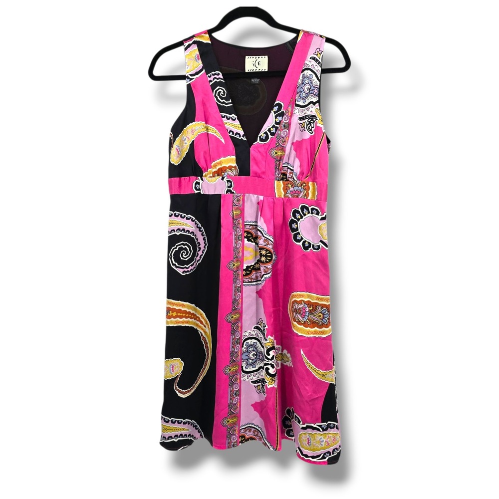 ICE Silk Paisley Print V Neck Sleeveless‎ Midi Dress Women's Size 8 Pink Black